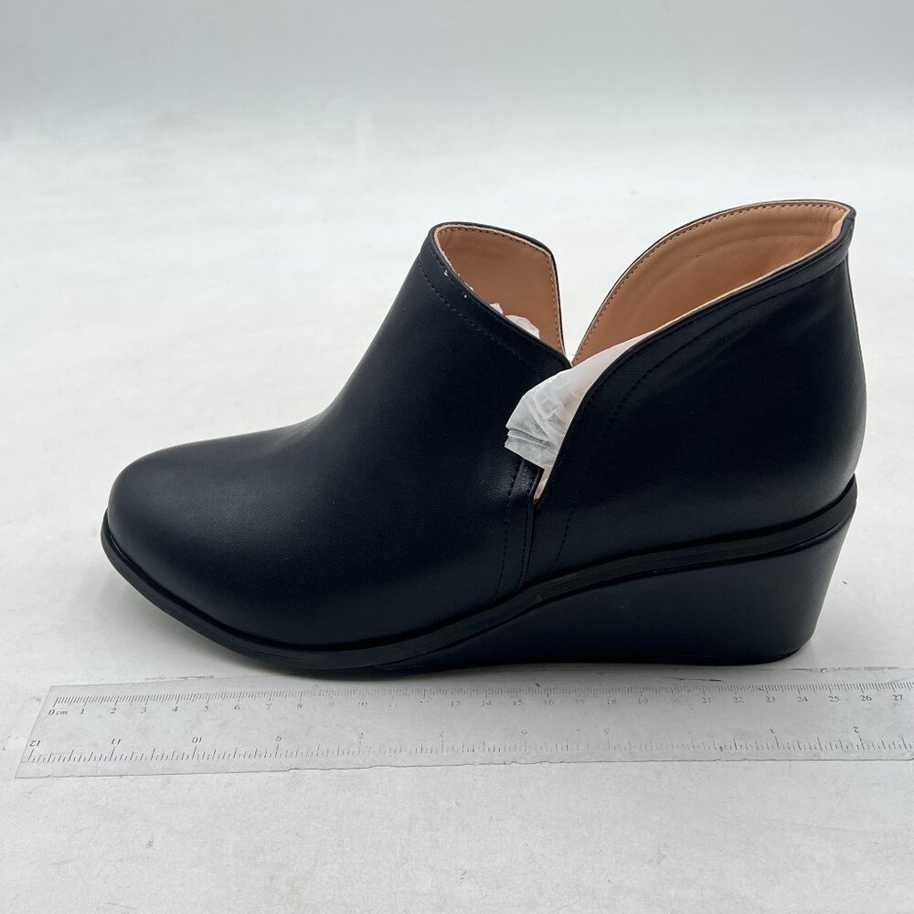 Black Women High Heel Wedge Pump Pointed Toe Pull On Ankle Boots V Cut Shoes